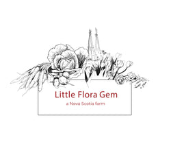 The Little Flora Gem logo, which has an illustrated black and white drawing of vegetables and flowers resting on top of a block, which contains the words "Little Flora Gem: a Nova Scotia Farm".